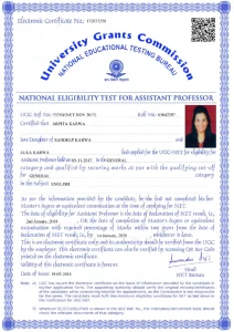 UGC NET certificate for Assistant Professor eligibility in English awarded to Arpita Karwa