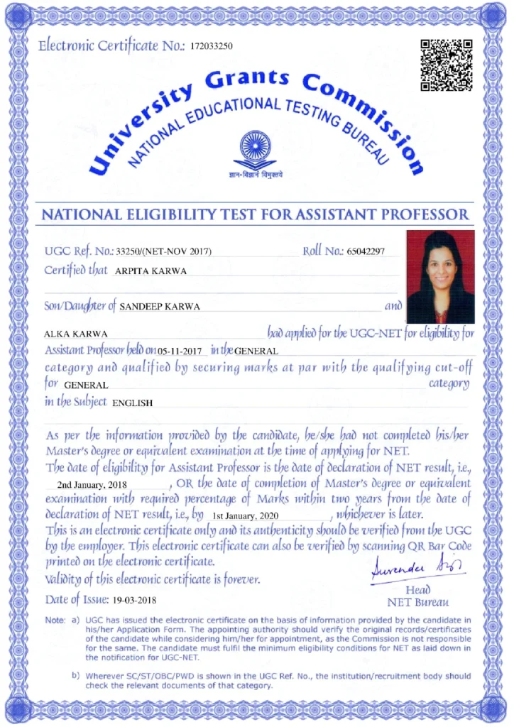 UGC NET certificate for Assistant Professor eligibility in English awarded to Arpita Karwa